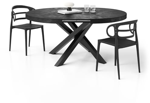 MOBILI FIVER, Runder ausziehbarer Tisch Emma, 120-160 cm, Schwarzer Beton mit gekreuzten Schwarzen Beinen, Made In Italy