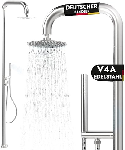 V4A Edelstahl Gartendusche Warm Kalt mit Handbrause | Außendusche, Sauna Dusche, 2 Anschlüsse, Pooldusche, rostfrei