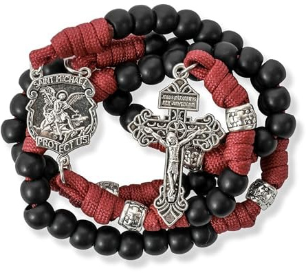 Nazareth Store Black Beads Red Paracord Rosary Rugged Beaded Necklace Strong Cord St.Michael Medal Pardon Cross