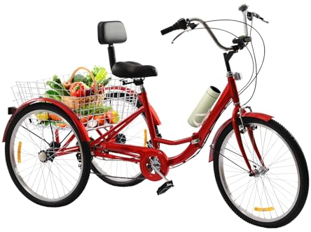 WEIGR 24 Zoll Dreirad für Erwachsene, 7 Gang Fahrrad Mit Einkaufskorb und Rückenlehne, Faltbares Outdoor-Dreirad für Senioren (Rot)