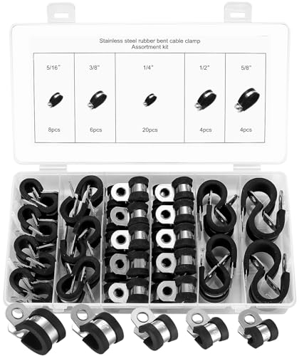 42 Pcs Rubber Lined P Clips, Stainless Steel Pipe Clips, Metal Hose Pipe Clamps, Hose Clamps, Wire Cable Clamp, 6mm 8mm 9mm 13mm 16mm