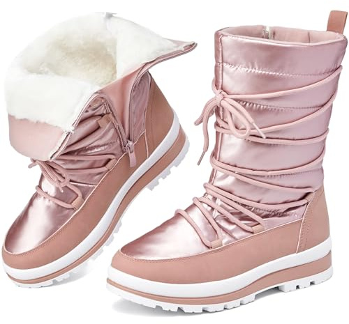 Waluzs Snow Boots for Women Fur Winter Boots Waterproof Ski Boots Women's Mid Calf Boots Furry White Lace up Boots with Zipper(Pink.US7