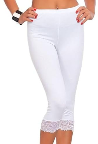 ANZEE Ladies Plain Cropped 3/4 Length Stretchy Leggings Capri | Womens Lace Trim Edge Elasticated Yoga Gym Jogging - Girls 3/4 Soft Shorts Tights Pants (UK, Numeric, 16, 18, White)