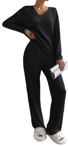 Yutdeng Tuta Donna 2 Pezzi Set Maniche Lunghe con Scollo a V e Pantaloni a Gamba Larga con Tasche Casual Completo Sportiva Set Pigiama a Costine Tuta da Ginnastica,da Jogging,da Casa,Nero,S
