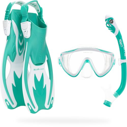 CRESSI Tinetto Rocks Dry Set Aqua Green/White [S/M] - Kids Snorkeling Set Short Adjustable Fins, Silicone Mask, and Dry Snorkel, Aqua Green/White, S/M