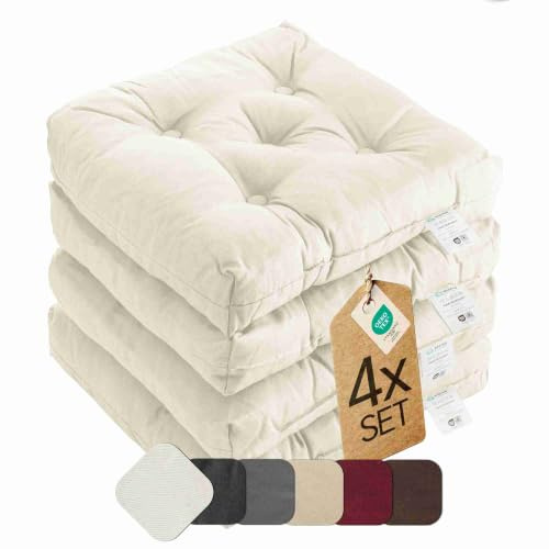 etérea Sitzkissen 42x42 cm 4er Set - Creme 8 cm hoch - Bodenkissen für Indoor, Outdoor, Küche, Garten, Auflage - Heidi Stuhlauflage - 4 Stück Stuhlkissen 40x40 cm Creme