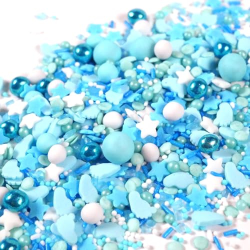 Streuselheld Little Boy 80g essbare Deko Zuckerstreusel | Blauer Streusel mit Füßchen, Perlen, Jimmies und Sternen als Topping für Baby Shower Cake Sprinkles für Gender Reveal Torten