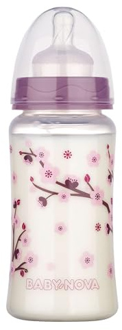 babynova Wide Neck Baby Bottle 300ml with Anti Colic Medium Flow Silicone Teat - Made in Germany - BPA-Free - Cherry Blossom