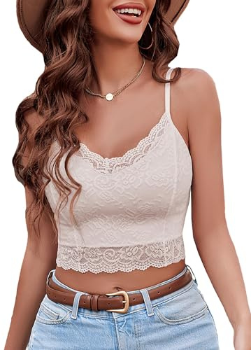 Avidlove Débardeur pour Femme Bustier Sexy en Dentelle Top Court Basique à Bretelles Spaghetti et col en V Style Bralette Courte Beige XL