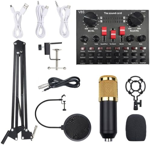 RiToEasysports BM800 -Mikrofon, Live -Soundkarten -Set mit 16 Soundeffekten und BT -Funktion Zur (Schwarz & Gold)
