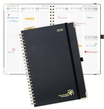 POPRUN Kalender 2026 Buchkalender A4, 12-Monate-Terminplaner Ringbuch (Jan.2026-Dez.2026), Wochenplaner 2026 Hardcover mit Plastiklineal, 100 GSM Papier - Schwarz