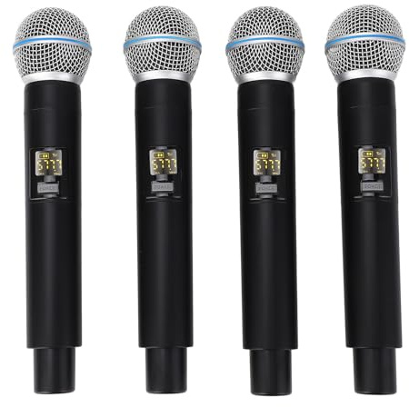AKLOSIPY Set di Microfoni Wireless 4 Microfono Dinamico Portatile con Range da 164 Piedi per Banda VHF per la Registrazione del Campo KARAOKE KTV Webcast