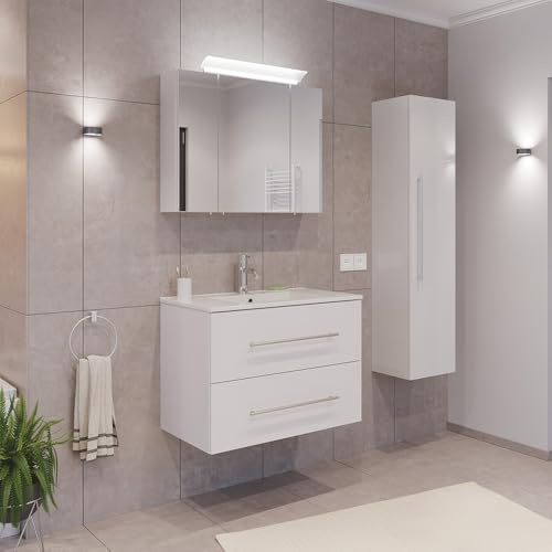 Lomadox Badezimmermöbel Badmöbel Set 2-teilig, Waschtisch Waschplatz 80cm breit mit Waschbecken und LED Spiegel, in weiß
