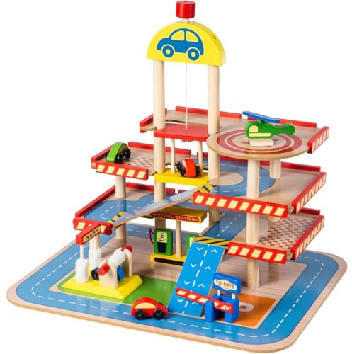 Wooden Toy Public Parking Garage for Children 3+ Years with Cars Kids Car Ramp 3 Level Car Park Gift Playset with Lift