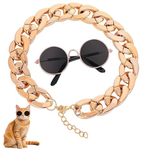 Anseom Cat Sunglasses with Gold Chain Costume Decorations Cat UV Protection Goggles Puppy Glasses Adjustable Chain Cosplay Costume Cool Photo Props (1 Black Glass+1 Rose Gold Chain)