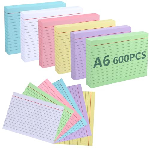 moinkerin Karteikarten A6 600 Stücke 5.83 * 4.13 Inch Mehrfarben Lernkarten Flashcards Karteikarten für Büro Haus Schule Lernen Linierte Karteikarte