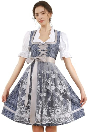 Dirndl Damen Midi Dirndlkleid Trachtenkleid Lang Trachtenrock 3 Teilig | Dirndl Damen Oktoberfest Outfit Dresses Trachten Dirndelkleider Komplett Set mit 3 Teilig Dirndl Bluse Dirndlkleid Schürze