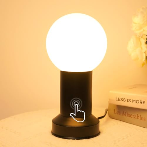 Lampe de Chevet Tactile, Lampe de Chevet Chambre, Lampe Chambre de Style Mid-Century Modern avec Globe et Base Métallique Noir, 3000K Blanc Chaud, Petite Lampe de Table pour Chambrer Salon Bureau