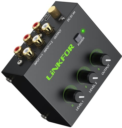LiNKFOR 2-Kanal Aktiv Audio Mixer - 2 Eingänge, 1 Stereo Cinch Ausgang Mini-Stereomischer Vergoldeten Aktiver Mischer Mischpult für Verstärker, Boxen PC, TV, Konsole, CD