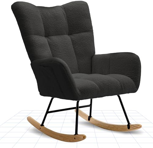 FLEXISPOT Schaukelstuhl mit Hoher Rückenlehne & Armlehnen – Moderner Schwingsessel mit Holzkufen, Gepolsterter Relaxsessel für Wohnzimmer & Schlafzimmer, Bis 120 kg Belastbar Schwarz