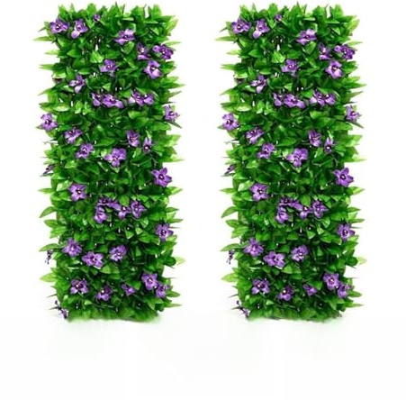 Set di 2 pannelli espandibili da giardino con fiori artificiali viola ed edera, recinto decorativo in edera sintetica per terrazza e giardino, 200 x 40 cm