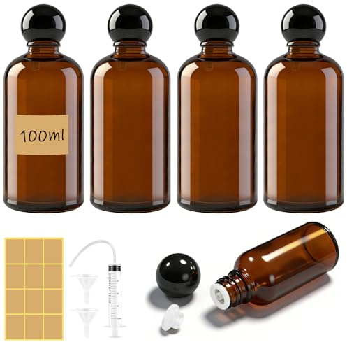 Maxumille 5 Piezas 100ml Botellas de Aceite Esencial Vacías de Vidrio Marrón, Mini Botellas de Cristal Ámbar de 30 Ml con Tapa, Pequeños Recipientes de Aceites Esenciales para Aceite Perfumes
