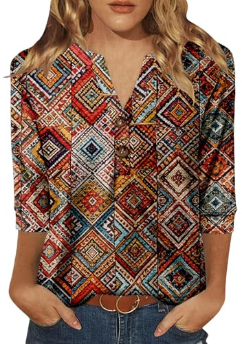 Dimur Summer Tops Hawaiian Shirts for Women Travel Essentials 3/4 Length Sleeve Blouses Bohemian Clothes Ethnic Diamond Medium