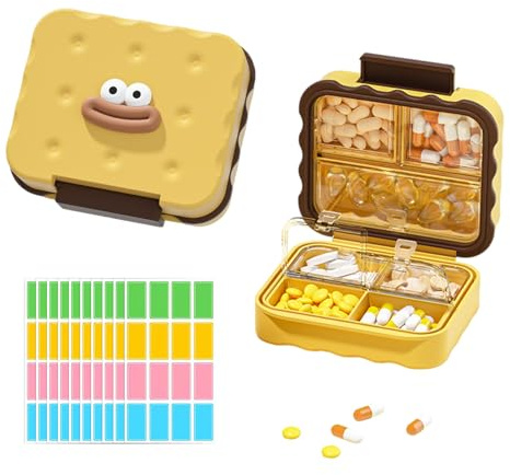 THXFUNAREA Pastillero de Viaje con 7 Compartimentos y 160 Etiquetas, Mini Pill Box Organizer, Dosificador de Comprimidos con Sistema de Etiquetado, Ideal para Uso Diario y Vacaciones