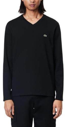 Lacoste Men's Long Sleeve Lightweight Cotton Pima V-Neck T-Shirt, Black, Large