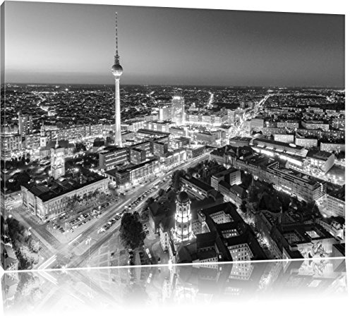 Pixxprint Berlin City Panorama Kunst B&W, Größe: 100x70cm, Leinwandbild, fertig gespannt, Wandbild, Dekoration, Kunstdruck, kein Poster