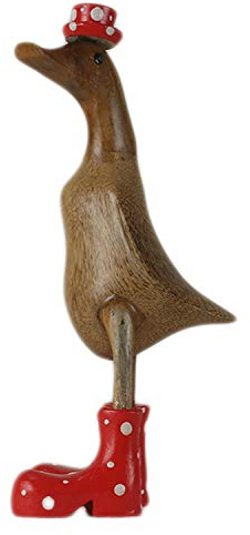 ART-CRAFT Ente in legno che cammina Ente per decorazione da giardino in bambù, radice e legno di teak con stivale e cappello Rosso alta 25 cm