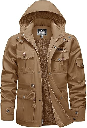 KEFITEVD Huvtröjor för män i varm fleece, jacka med 5 fickor, tjock cargojacka med huva, Khaki, XL
