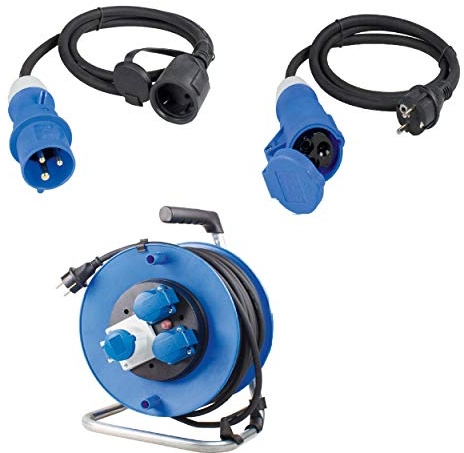 as-Schwabe 60488 und 60486 (1,5m H07RN-F 3G2,5) Adapterleitung 230V / 16A / 3polig, IP44 Außenbereich + Kabeltrommel 25m, Stecker mit 2 Steckdossen + 1 CEE Steckdose 3 polig, IP44 Außenbereich, 10173