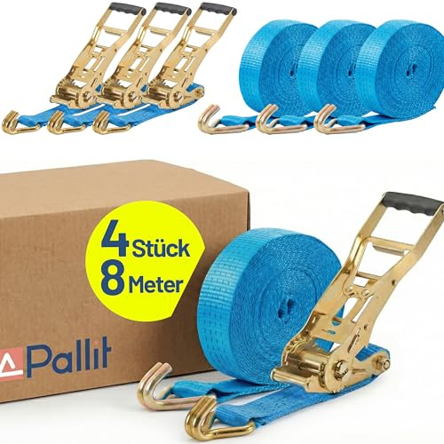 4X Spanngurt Zurrgurt mit Haken 8 m bis 5000 kg, bis 5,0 t / 5000 daN, zweiteilig 2-TLG Ratschengurt blau, 50 mm Gurtbreite