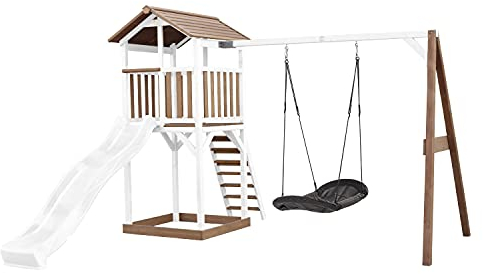 AXI Beach Tower Aire de Jeux avec Toboggan en Blanc, Balançoire Nid d'oiseau Noir & Bac à Sable | Grande Maison Enfant extérieur en Marron & Blanc | Cabane de Jeu en Bois FSC