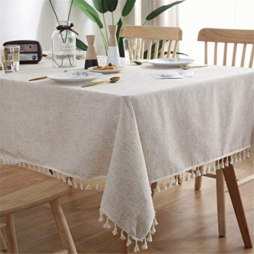 Xlabor Beige Leinenoptik Tischtuch mit Quaste Rechteckige Tischwäsche Tischdekoration 140x160 cm
