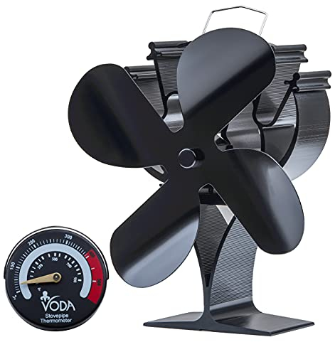 HAWCAFU Stove Top Fire Fan with Thermometer - 4 Blade Wood Burning Stove Fan