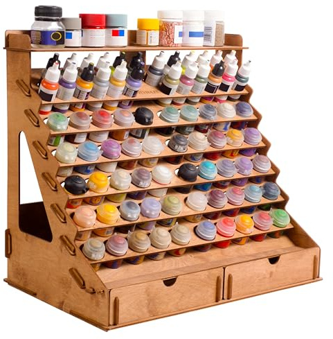 Plydolex Holz Farbständer Modellbau - Platz für 74 Flaschen und 14 Pinsel - Farbregal Organisator mit 2 Schränken für künstlerische Werkzeuge und 6 Miniaturständer - Modulares Malregal für Hobbyzone
