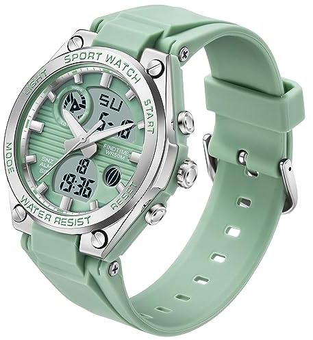 findtime Montre de sport numérique pour femme avec double heure, date, rétro-éclairage, semaine, alarme, chronomètre, Vert, Sangle