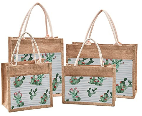 Mnsruu White Stripe Cactus Plant Jute Tote Bags Women Grocery Shopping Bags with Handles for Outdoor Travel 9.8 x 9.8 x 7.1 inches