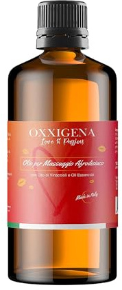 Oxxigena - Aphrodisierendes Massageöl - 100% natürlich mit Traubenkernöl und den ätherischen Ölen Patschuli und Ylang Ylang - feuchtigkeitsspendendes und pflegendes Körperöl, 100 ml, Made in Italy