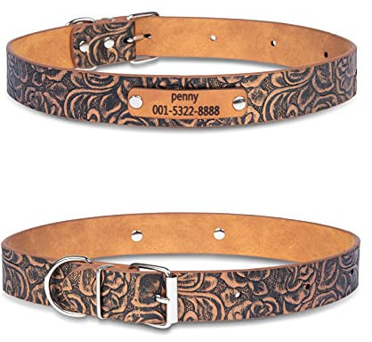 Glooraca Leder Gepolstert Hundehalsband Personalisiert Hundehalsband mit Namensschild Grün Hundehalsband für Kleine Mittlere Große Hunde (M, Braun)