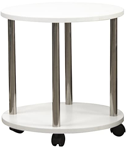 BAKAJI Mesa de Centro de salón con 4 Ruedas Carro de Madera MDF Blanco de café diseño mínimo Muebles de Almacenamiento Mueble de salón Cocina baño Doble Estante estantes (Redondo)