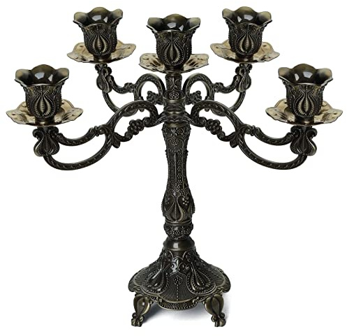 FANWNKI 5-Candle Metal Candelabra 10.3 Inch Tall Candlestick Candle Holders for Home Decor Wedding Christmas Church Halloween Party,Bronze Tulip