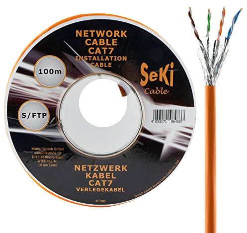 SeKi 100m Cat. 7 Verlegekabel PIMF S/FTP LSZH Halogenfrei zugelassen nach BauPVO Ethernet Installationskabel LAN Netzwerkkabel 10Gbit 1000MHz AWG23/1 Datenkabel Netzwerk geschirmt - Orange