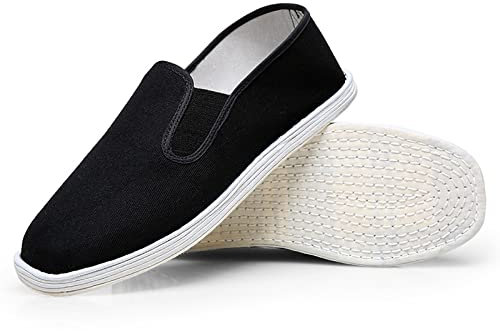 Unisex gamla Beijing tygskor, Handgjorda traditionell kinesisk stil Slip-On Andas bomullssula svarta canvasskor, för Män/Kvinnor Kampsport Kung Fu Tai Chi Skor (Color : svart, Size : 43 EU)