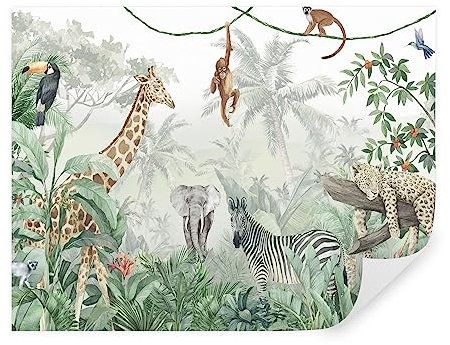 Tapeko - Carta da parati per bambini, fotomurali 260x180 cm, Giungla, tropici, leopardo, giraffa, elefante, zebra, scimmie, bambini fotografica murale per camera da letto, u74709