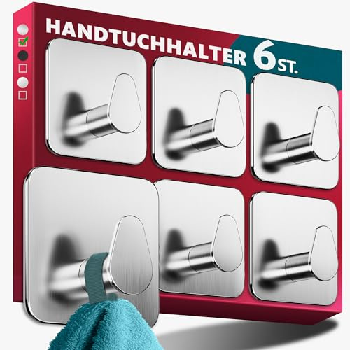 Menz Handtuchhalter ohne Bohren Edelstahl, 6er Set, Silber | Wasserfeste Badezimmer Handtuchhalter, ovale Klebehaken fürs Bad, Haken selbstklebend als stabil Handtuchhaken