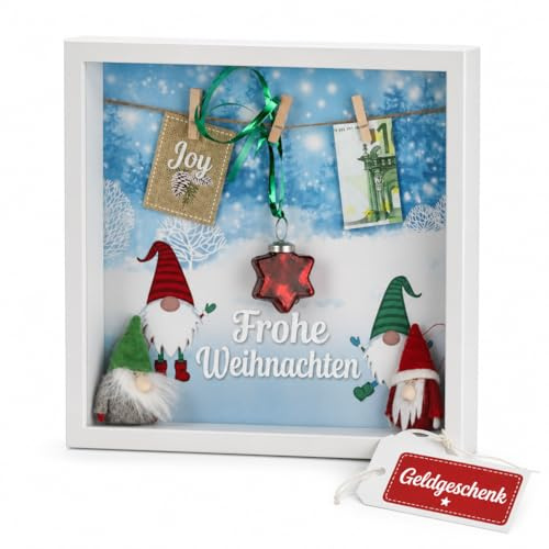 MIJOMA Zauberhaftes Weihnachten Geldgeschenk im märchenhaften weißen Bilderrahmen, Süße Wichtel Szene, Perfekte Geldgeschenkverpackung, DIY Freude, 28cm Märchenwelt, Qualität in MDF