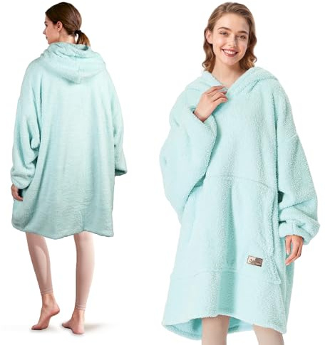 Catalonia Classy Wearable Oversized Hoodie Blanket, Snuggle Sherpa Blanket Hoodie, Warm Throw Blanket Sweatshirt with Sleeves for Winter, Gifts for Mum Women Men Adults Teens, Aqua